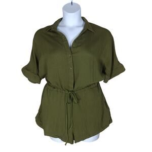CodeXMode Romper Size Medium Olive Green Pull on Short Sleeve Button Up Pockets